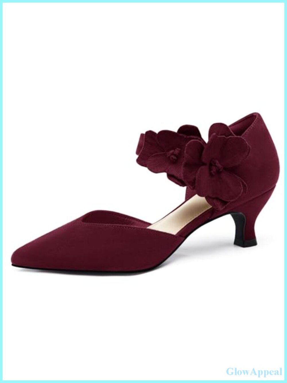 Women's Suede Kitten Heel Pumps with Flower Ankle Strap